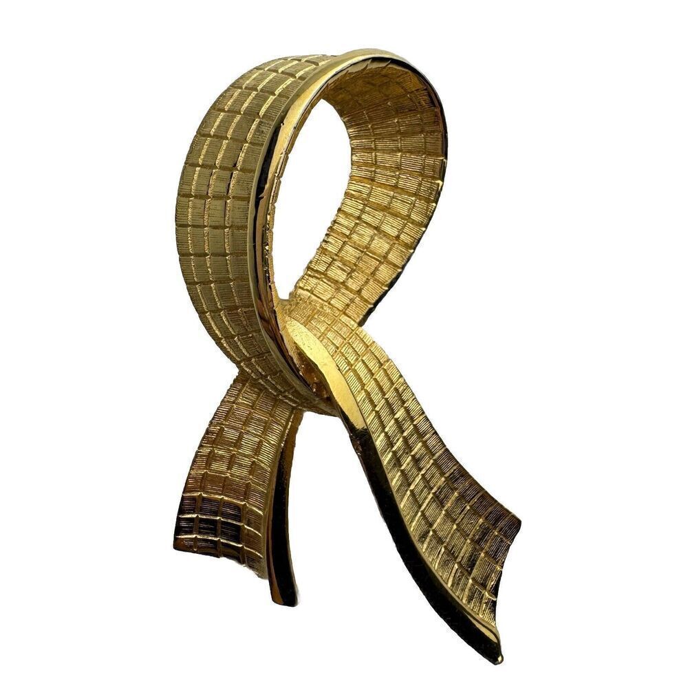 Vintage Ribbon Scarf Textured Bow Brooch Pin Gold Tone Textured